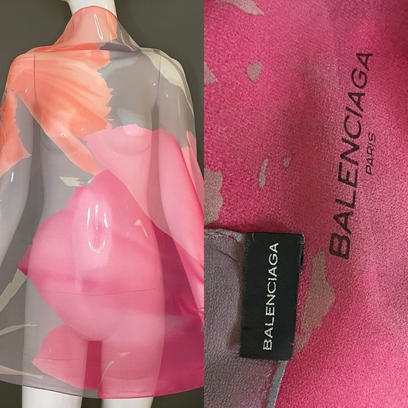 Gorg Balenciaga Sheer Silk Scarf Oversized Florals 34 In Sq Excellent Condition - Picture 1 of 10